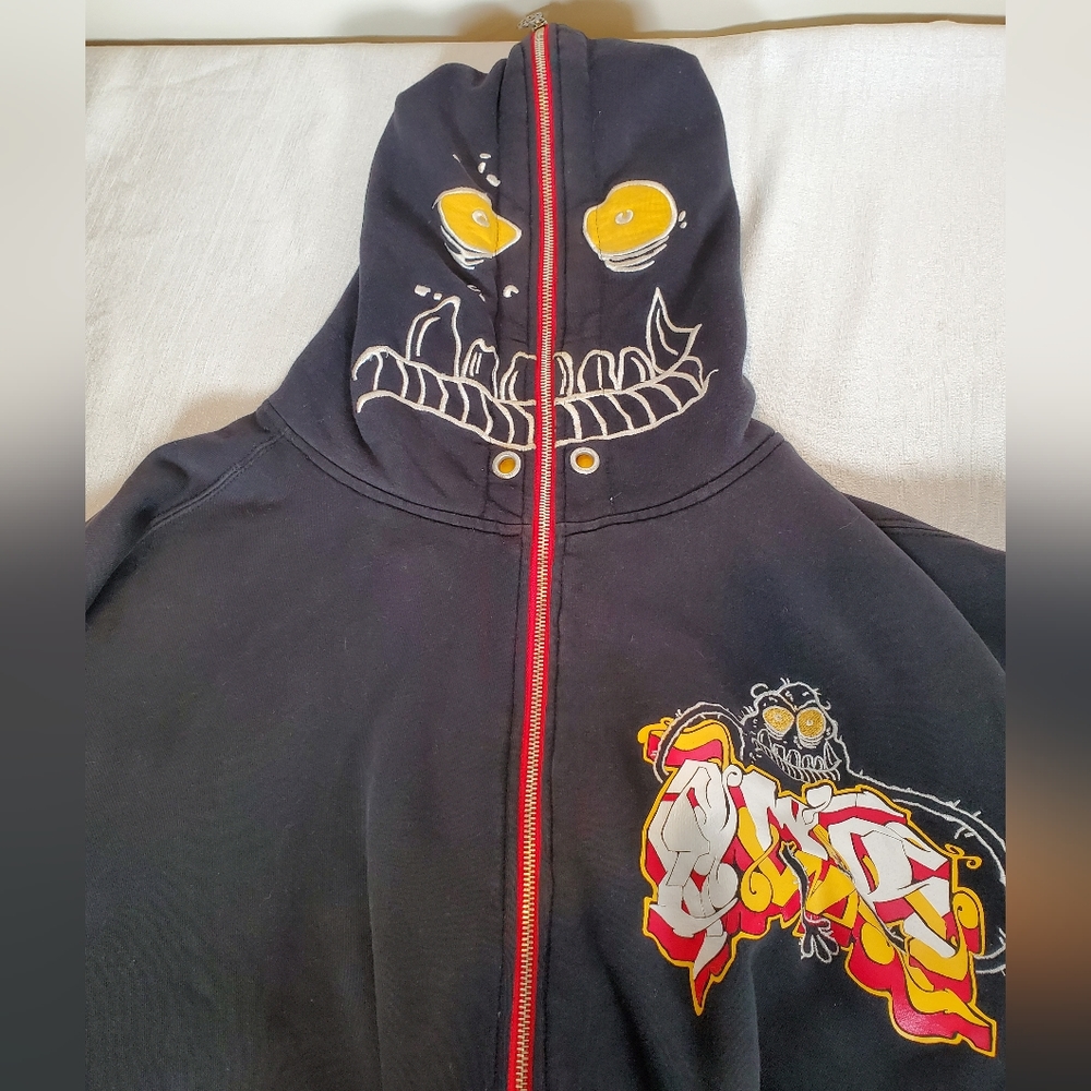 MAZA Heaveyweight Black Hoodie Graffiti Style Full Zip Mask Hood Men's Size XL